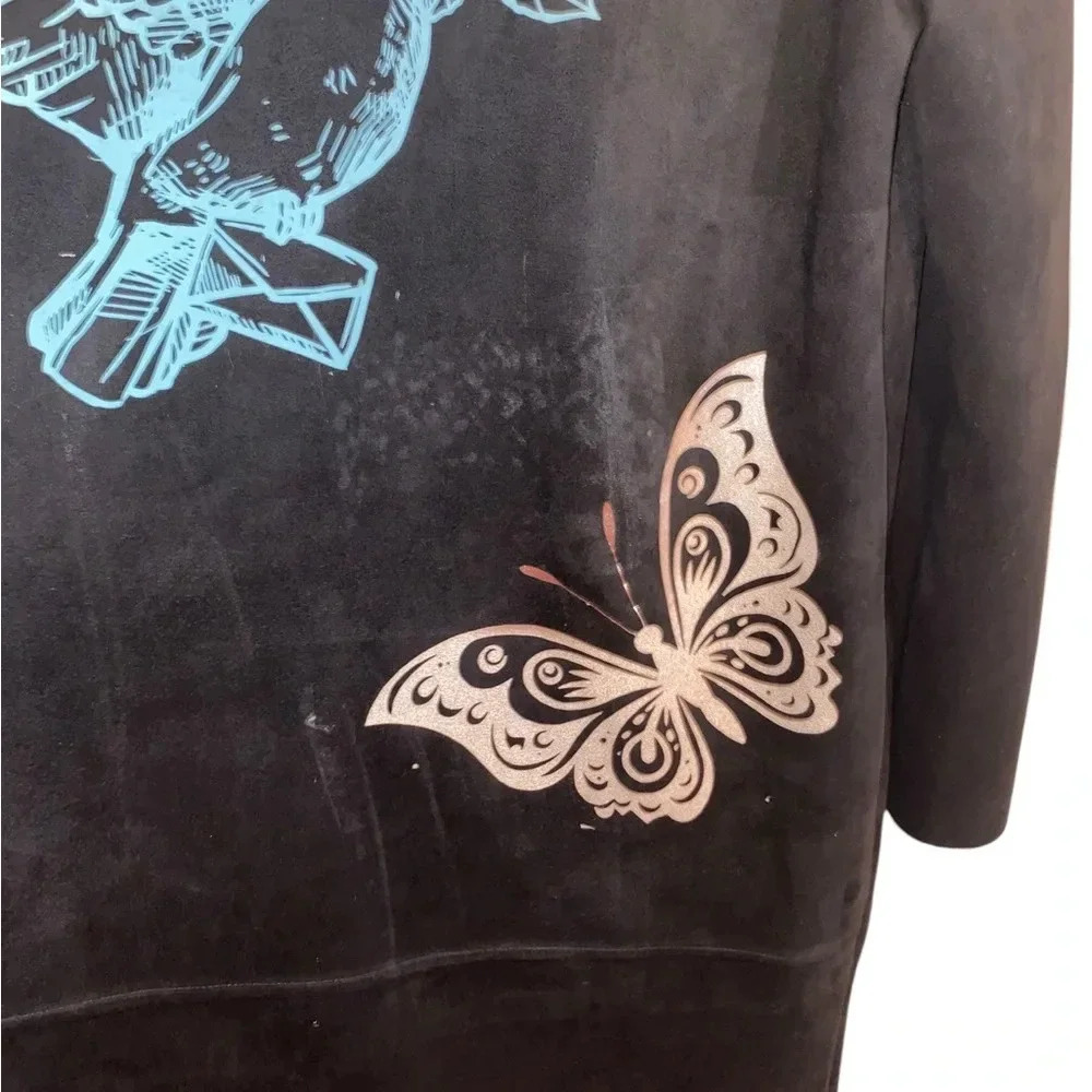 Y2K Zara black faux suede Tattoo Graphic butterfly humming bird Jacket - Picture 7 of 9